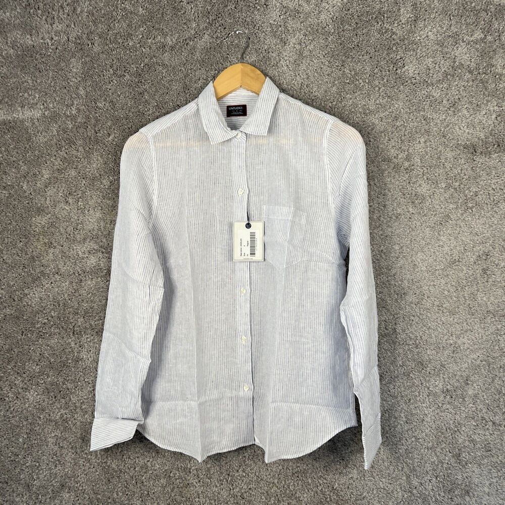 Untuckit Shirt Womens 4 White Stripe Button Up Long Sleeve Linen Blend Top